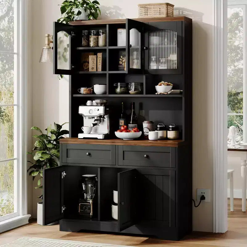 71 Farmhouse Pantry Cabinet with Charging Station & Microwave Stand - Tall Kitchen Storage with Hutch & Drawers for Living/Dining Room