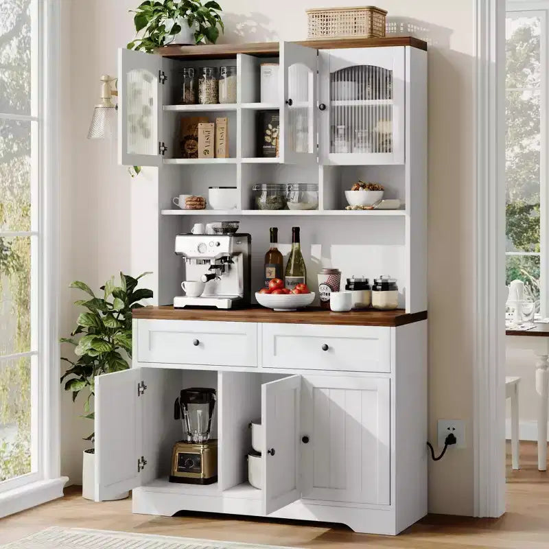 71 Farmhouse Pantry Cabinet with Charging Station & Microwave Stand - Tall Kitchen Storage with Hutch & Drawers for Living/Dining Room