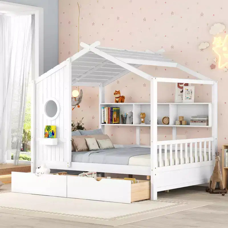 MAYEERTY Full Size House Bed with 2 Drawers Kids Bed with Storage Shelf for Bedroom White