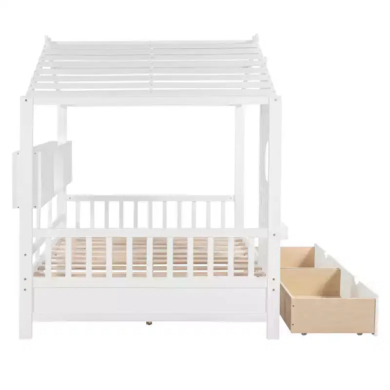 MAYEERTY Full Size House Bed with 2 Drawers Kids Bed with Storage Shelf for Bedroom White