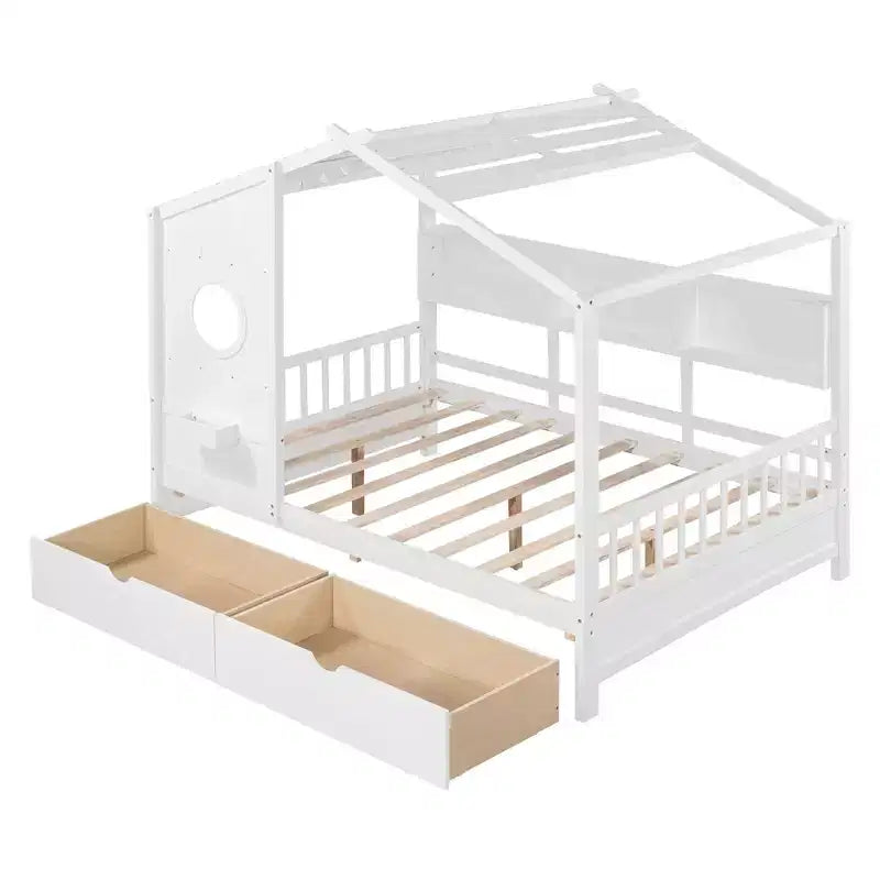 MAYEERTY Full Size House Bed with 2 Drawers Kids Bed with Storage Shelf for Bedroom White
