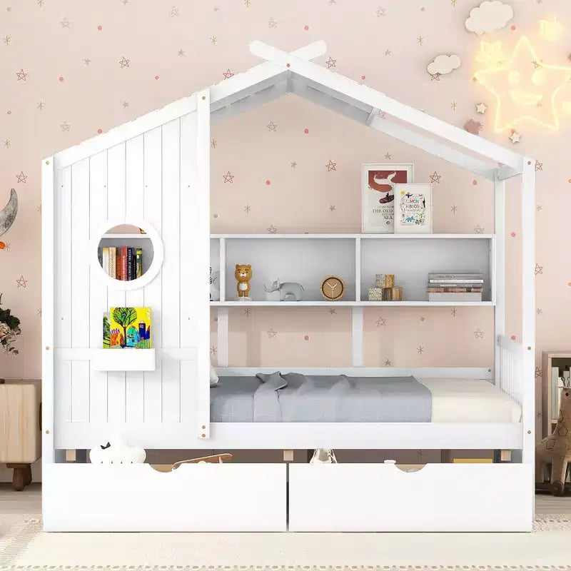 MAYEERTY Full Size House Bed with 2 Drawers Kids Bed with Storage Shelf for Bedroom White