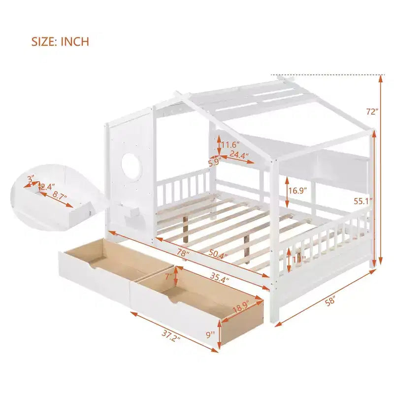 MAYEERTY Full Size House Bed with 2 Drawers Kids Bed with Storage Shelf for Bedroom White