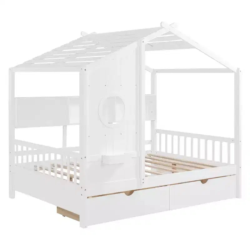 MAYEERTY Full Size House Bed with 2 Drawers Kids Bed with Storage Shelf for Bedroom White