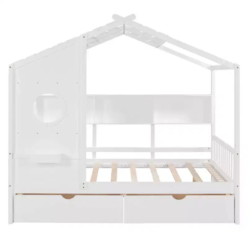 MAYEERTY Full Size House Bed with 2 Drawers Kids Bed with Storage Shelf for Bedroom White