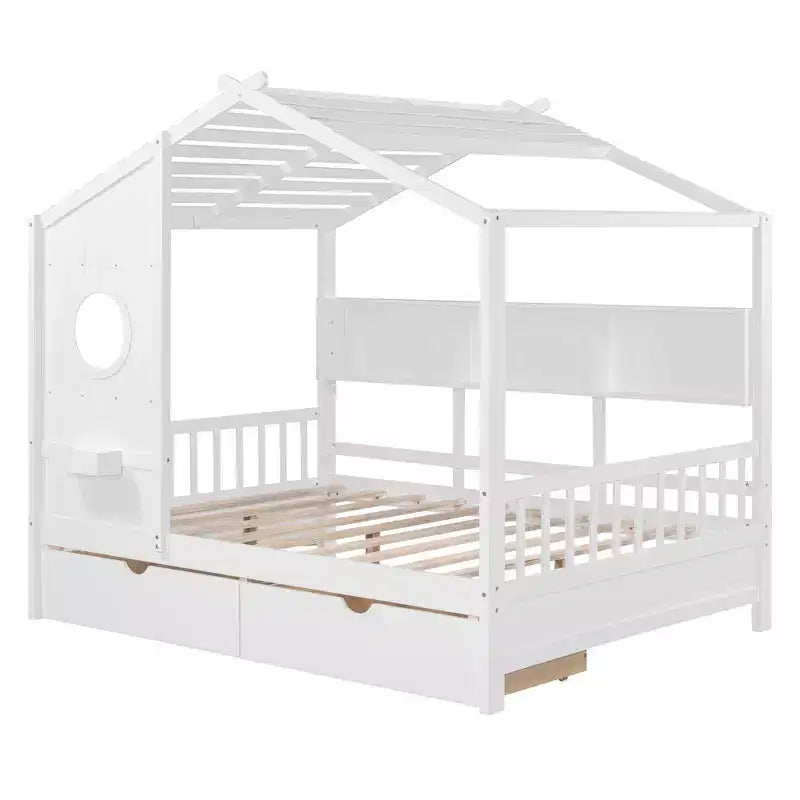 MAYEERTY Full Size House Bed with 2 Drawers Kids Bed with Storage Shelf for Bedroom White