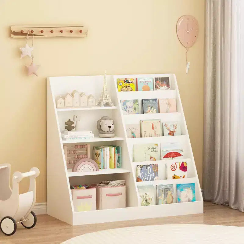 JVNOXK Children's Toy Storage Organizer, Multi-Functional Four-Tier Wooden Bookshelf for Kids, Suitable for Children's Rooms and Playrooms, White