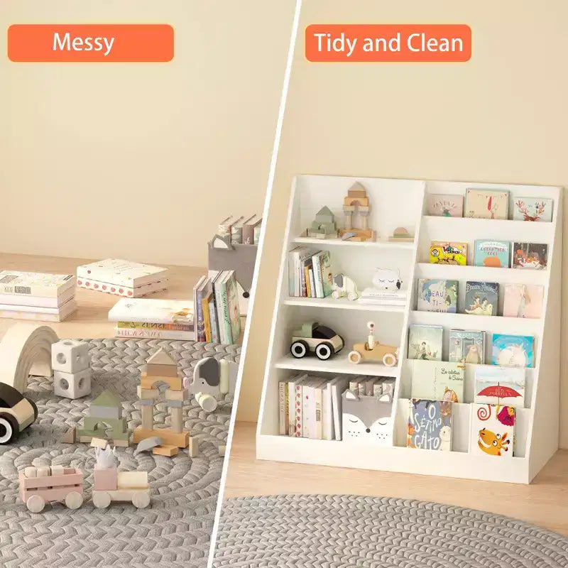 JVNOXK Children's Toy Storage Organizer, Multi-Functional Four-Tier Wooden Bookshelf for Kids, Suitable for Children's Rooms and Playrooms, White