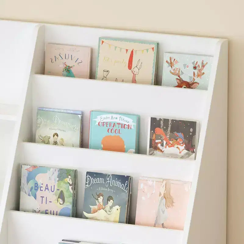 JVNOXK Children's Toy Storage Organizer, Multi-Functional Four-Tier Wooden Bookshelf for Kids, Suitable for Children's Rooms and Playrooms, White