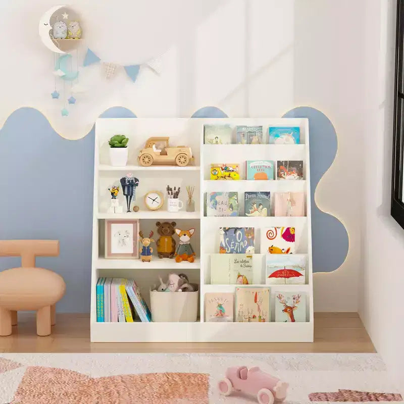 JVNOXK Children's Toy Storage Organizer, Multi-Functional Four-Tier Wooden Bookshelf for Kids, Suitable for Children's Rooms and Playrooms, White