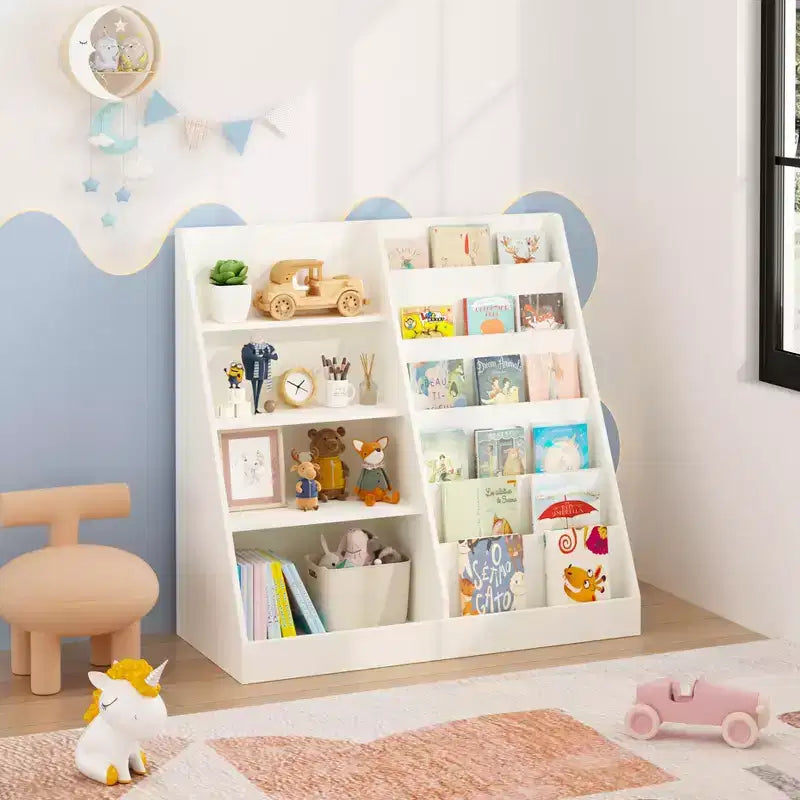 JVNOXK Children's Toy Storage Organizer, Multi-Functional Four-Tier Wooden Bookshelf for Kids, Suitable for Children's Rooms and Playrooms, White