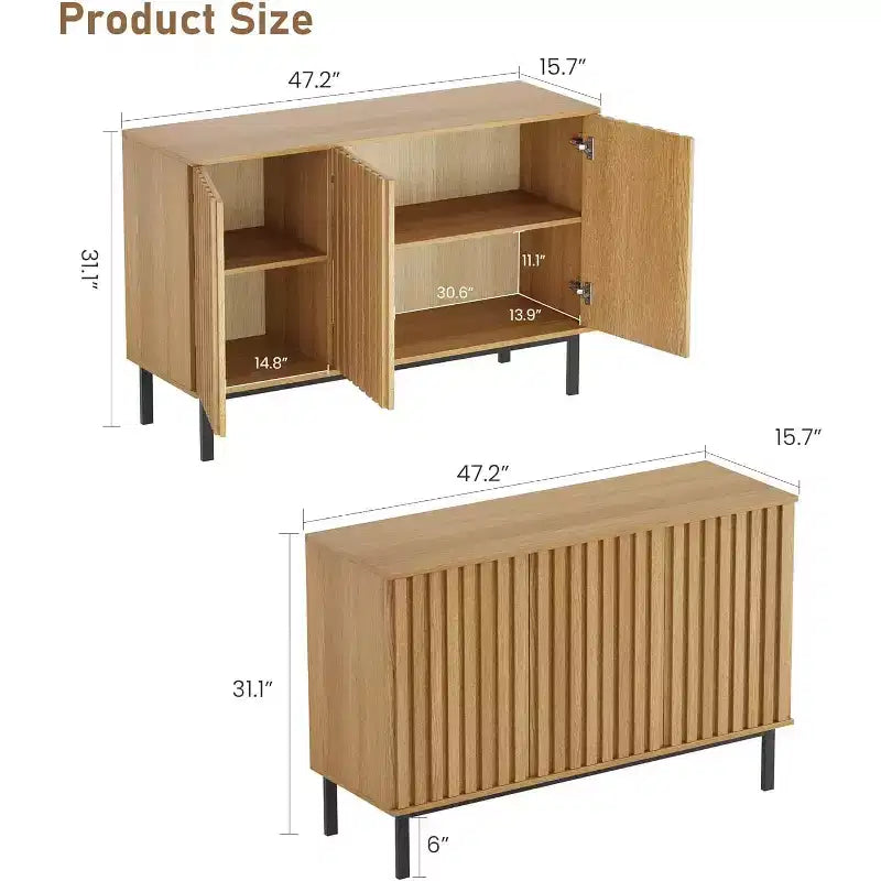 Wooden Sideboard Buffet Cabinet with Storage, Fluted Doors and Adjustable Shelf, Modern Freestanding Coffee Bar for Home Office