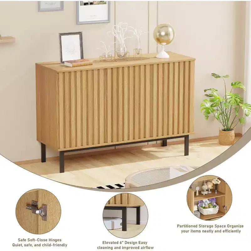 Wooden Sideboard Buffet Cabinet with Storage, Fluted Doors and Adjustable Shelf, Modern Freestanding Coffee Bar for Home Office