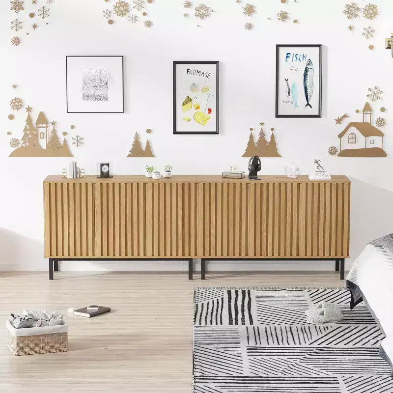 Wooden Sideboard Buffet Cabinet with Storage, Fluted Doors and Adjustable Shelf, Modern Freestanding Coffee Bar for Home Office