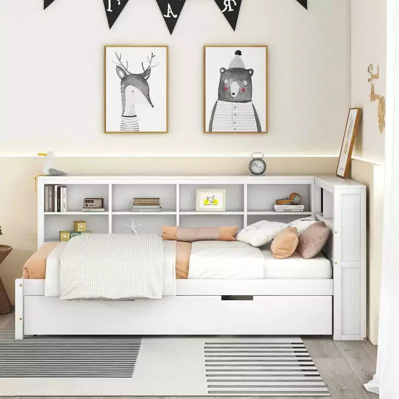 MAYEERTY Twin Size Bed with Trundle Storage Shelf Ports for Bedroom White