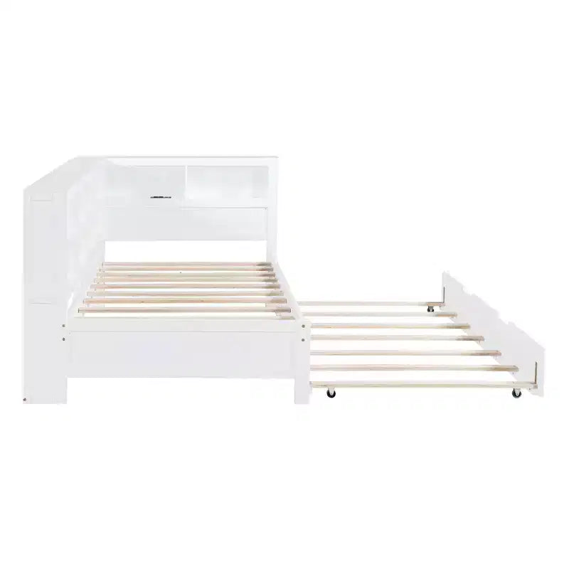 MAYEERTY Twin Size Bed with Trundle Storage Shelf Ports for Bedroom White