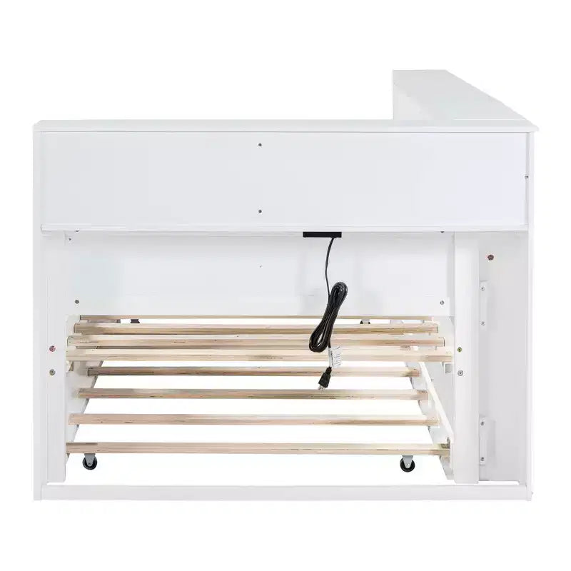 MAYEERTY Twin Size Bed with Trundle Storage Shelf Ports for Bedroom White