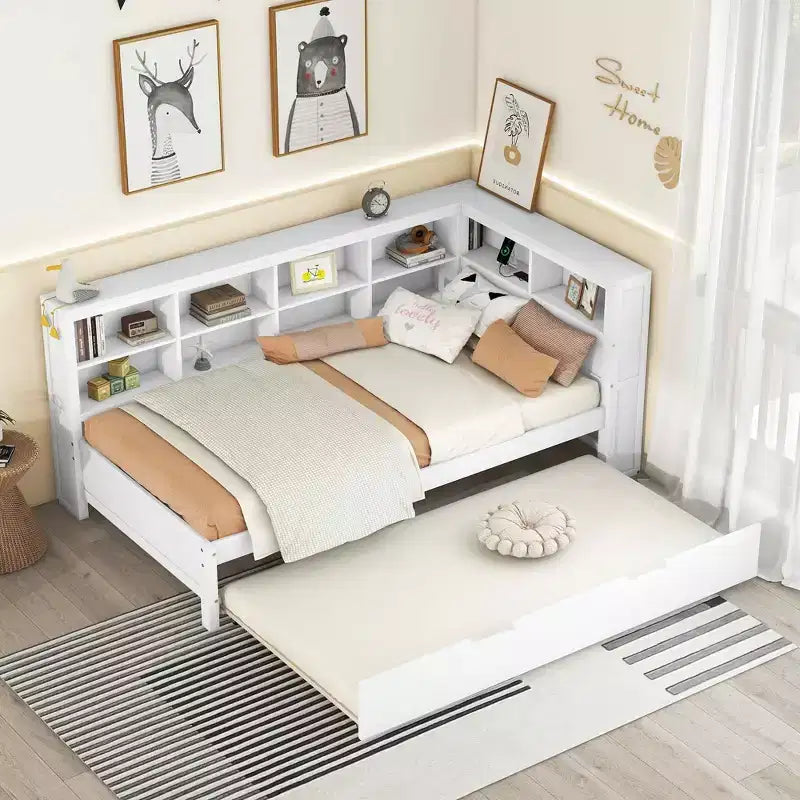 MAYEERTY Twin Size Bed with Trundle Storage Shelf Ports for Bedroom White