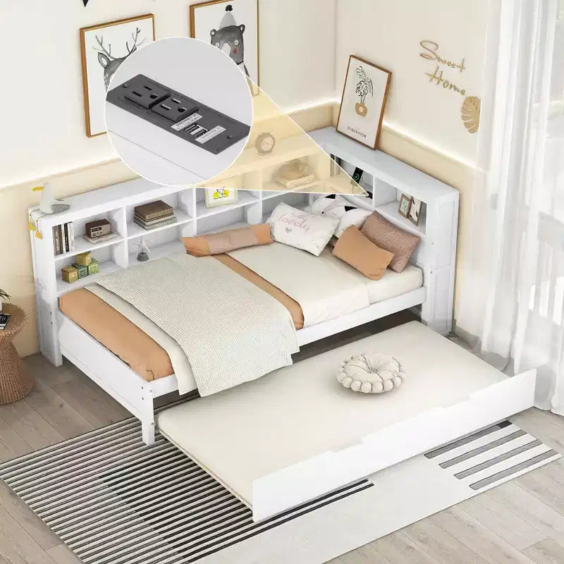 MAYEERTY Twin Size Bed with Trundle Storage Shelf Ports for Bedroom White