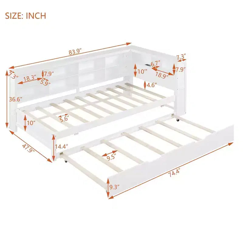 MAYEERTY Twin Size Bed with Trundle Storage Shelf Ports for Bedroom White