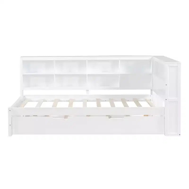 MAYEERTY Twin Size Bed with Trundle Storage Shelf Ports for Bedroom White