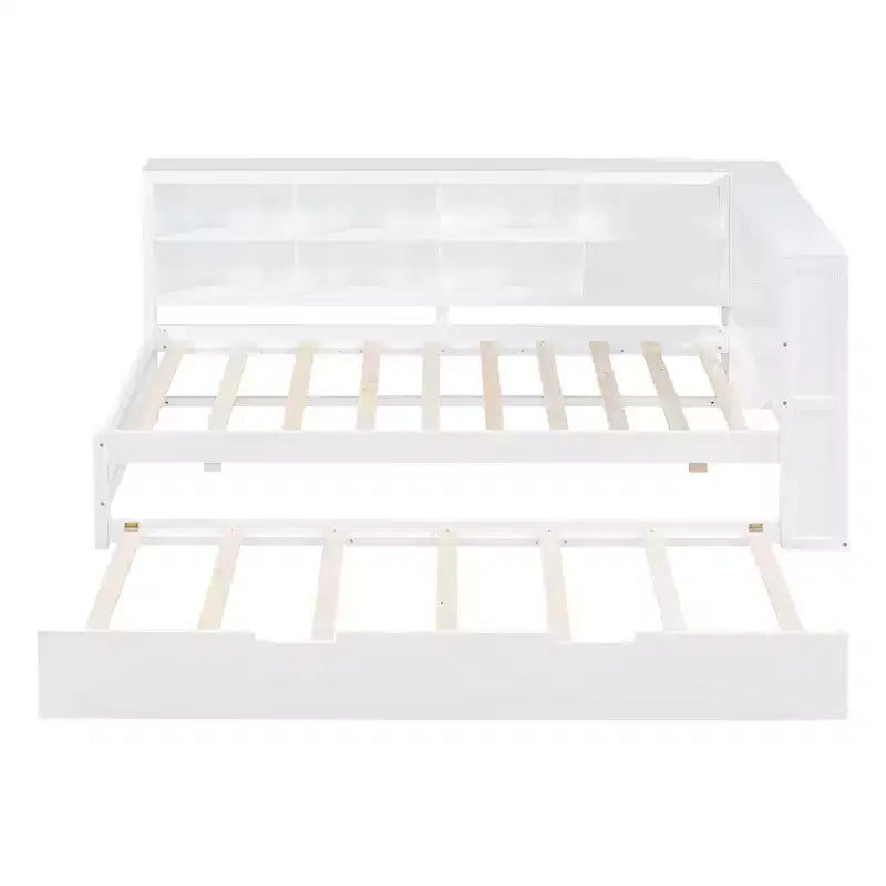 MAYEERTY Twin Size Bed with Trundle Storage Shelf Ports for Bedroom White