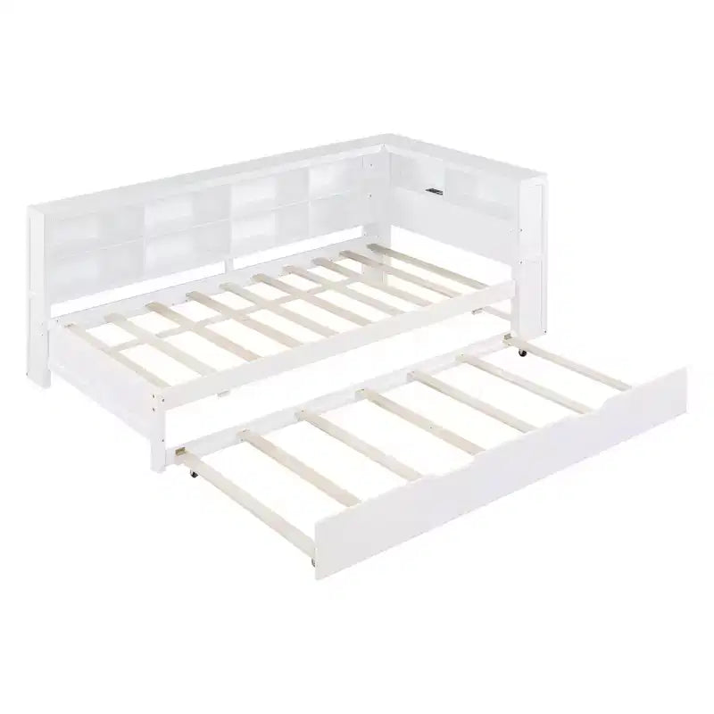 MAYEERTY Twin Size Bed with Trundle Storage Shelf Ports for Bedroom White