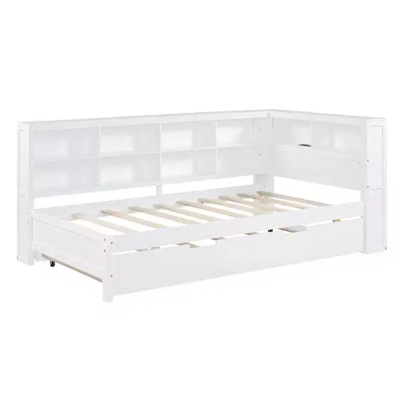 MAYEERTY Twin Size Bed with Trundle Storage Shelf Ports for Bedroom White