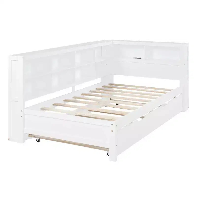 MAYEERTY Twin Size Bed with Trundle Storage Shelf Ports for Bedroom White