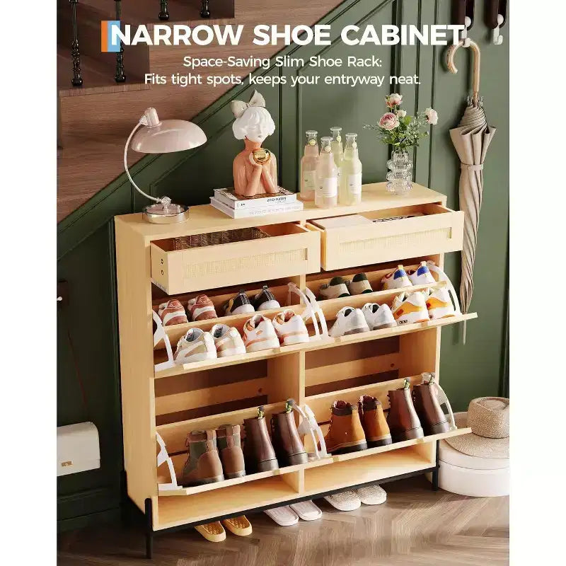Garvee Narrow Shoe Cabinet with 4 Doors & 2 Drawers, Adjustable Shelves, Space-Saving Modern Organizer for Entryway, Holds Up to 24 Pairs of Shoes