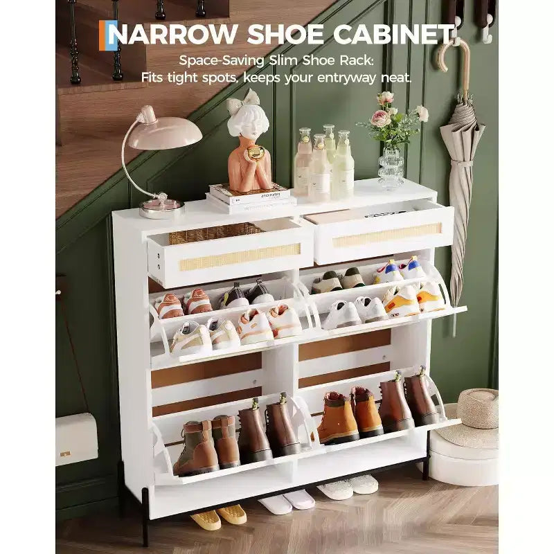 Garvee Narrow Shoe Cabinet with 4 Doors & 2 Drawers, Adjustable Shelves, Space-Saving Modern Organizer for Entryway, Holds Up to 24 Pairs of Shoes