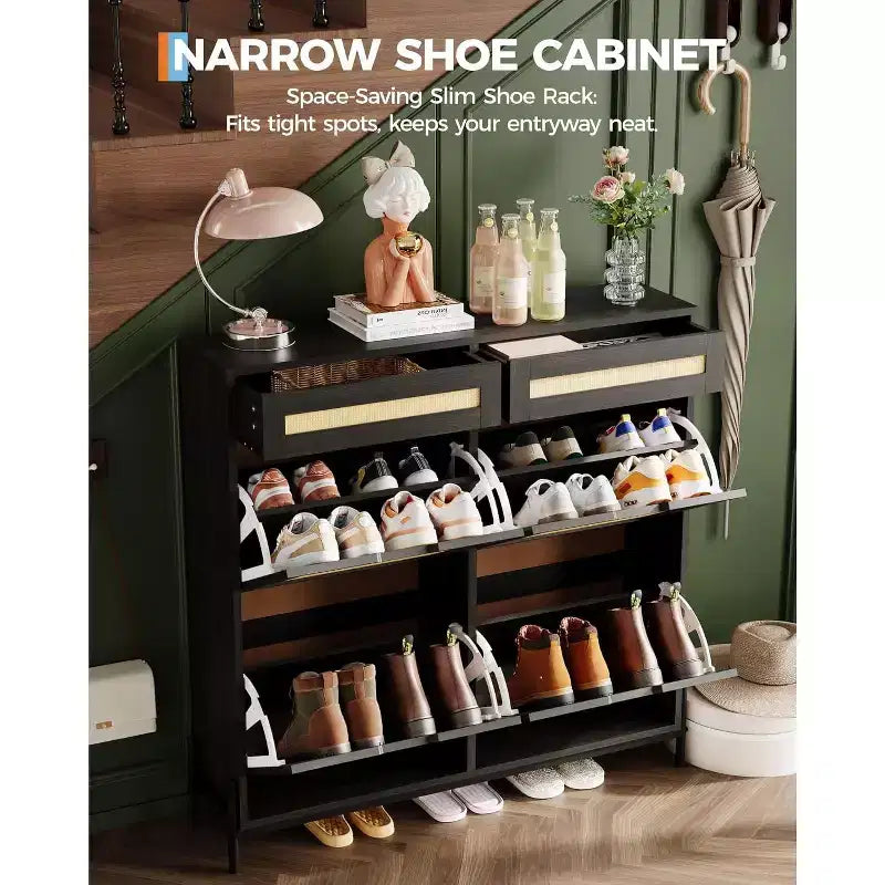 Garvee Narrow Shoe Cabinet with 4 Doors & 2 Drawers, Adjustable Shelves, Space-Saving Modern Organizer for Entryway, Holds Up to 24 Pairs of Shoes