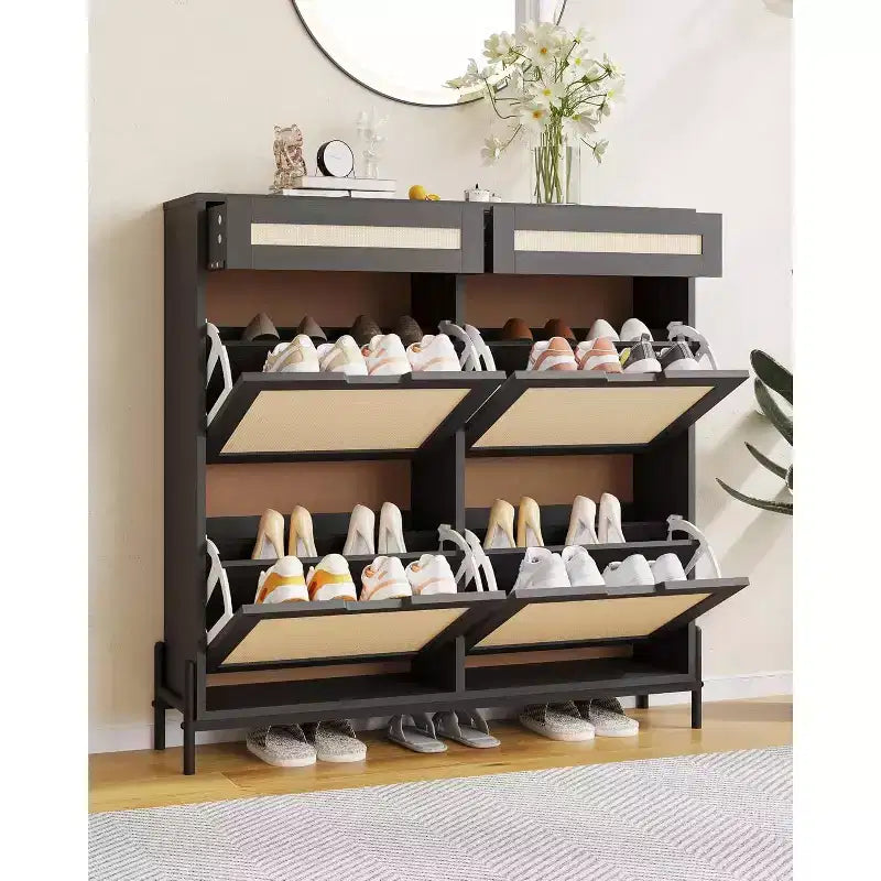 Garvee Narrow Shoe Cabinet with 4 Doors & 2 Drawers, Adjustable Shelves, Space-Saving Modern Organizer for Entryway, Holds Up to 24 Pairs of Shoes