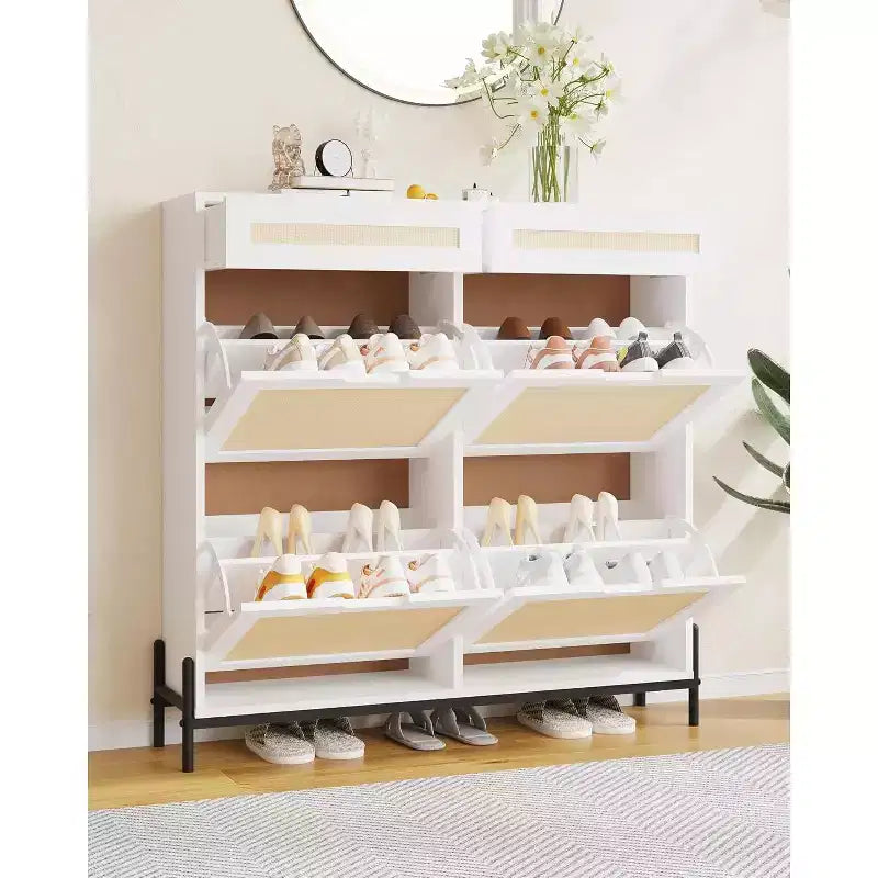 Garvee Narrow Shoe Cabinet with 4 Doors & 2 Drawers, Adjustable Shelves, Space-Saving Modern Organizer for Entryway, Holds Up to 24 Pairs of Shoes