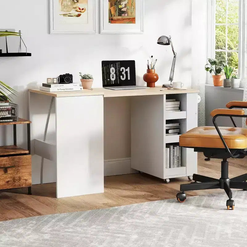 EROMMY Foldable Kitchen Island Unit, Collapsible Table with Castors, Multifunctional Storage Computer Desk, Kitchen Table with Storage
