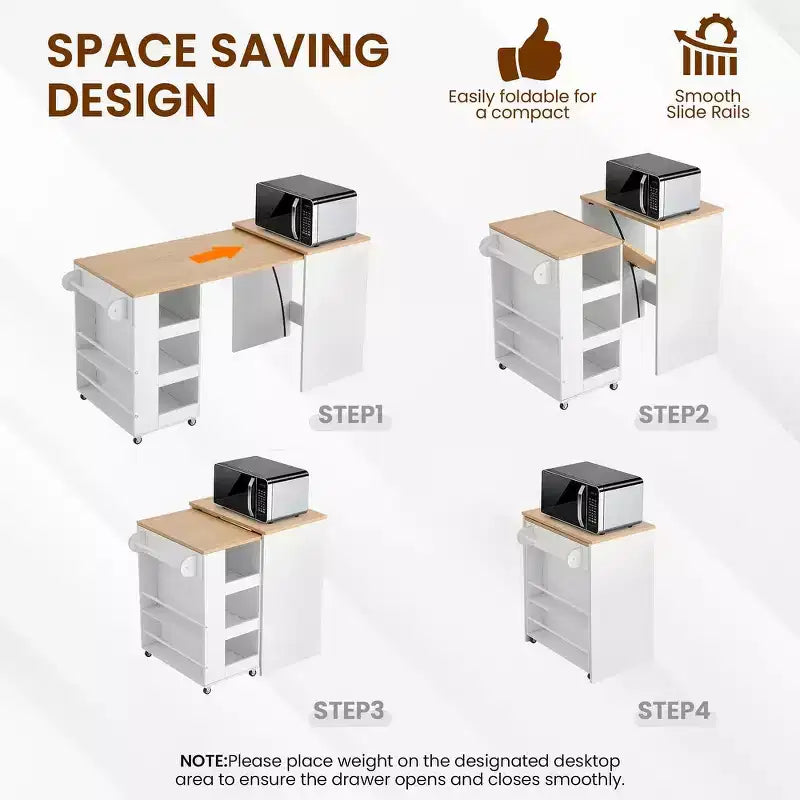 EROMMY Foldable Kitchen Island Unit, Collapsible Table with Castors, Multifunctional Storage Computer Desk, Kitchen Table with Storage