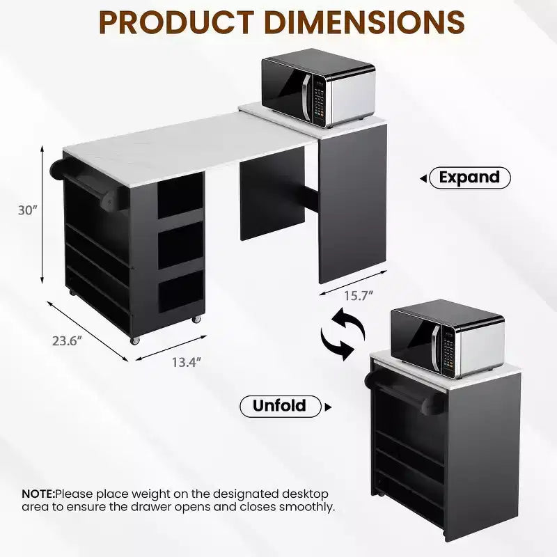 EROMMY Foldable Kitchen Island Unit, Collapsible Table with Castors, Multifunctional Storage Computer Desk, Kitchen Table with Storage
