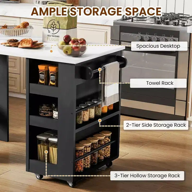 EROMMY Foldable Kitchen Island Unit, Collapsible Table with Castors, Multifunctional Storage Computer Desk, Kitchen Table with Storage