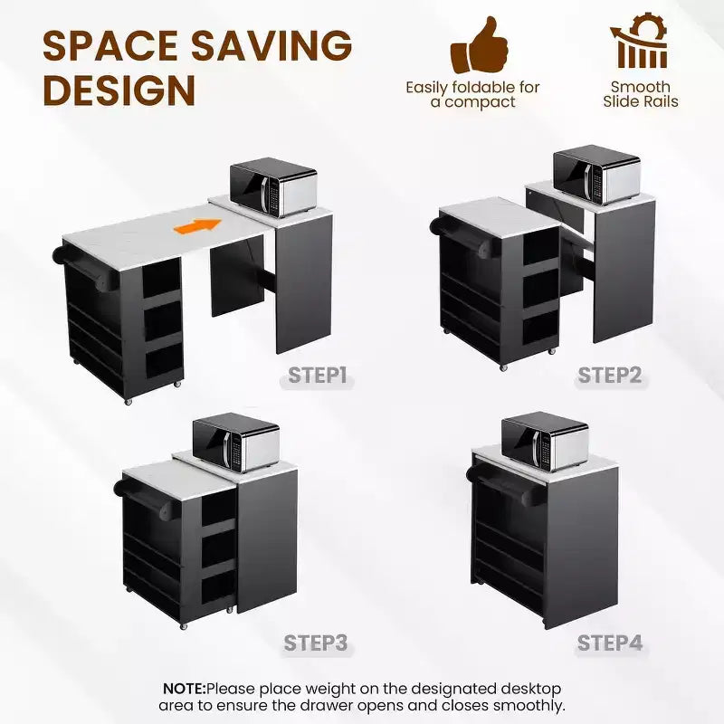 EROMMY Foldable Kitchen Island Unit, Collapsible Table with Castors, Multifunctional Storage Computer Desk, Kitchen Table with Storage