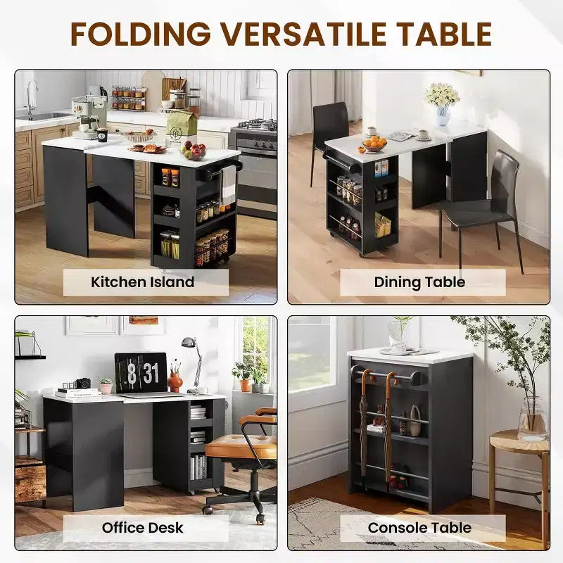 EROMMY Foldable Kitchen Island Unit, Collapsible Table with Castors, Multifunctional Storage Computer Desk, Kitchen Table with Storage