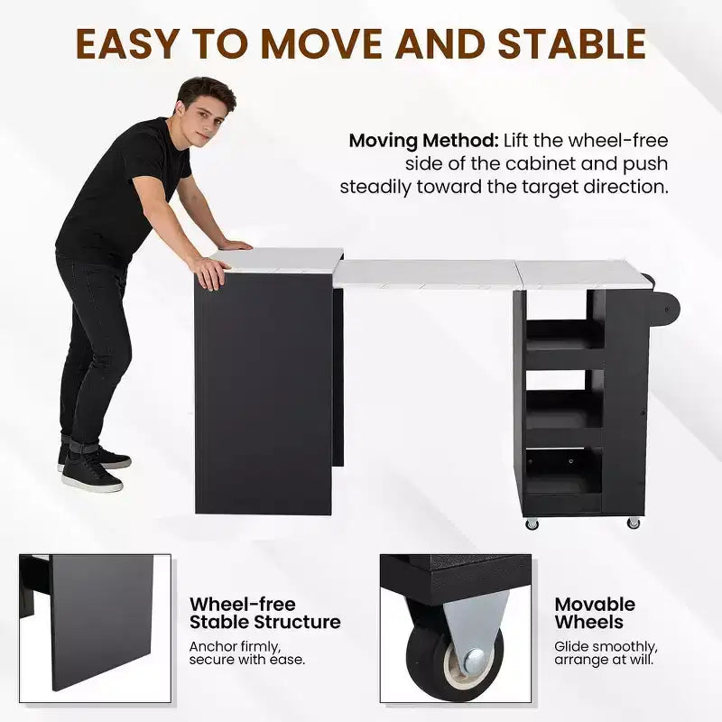 EROMMY Foldable Kitchen Island Unit, Collapsible Table with Castors, Multifunctional Storage Computer Desk, Kitchen Table with Storage