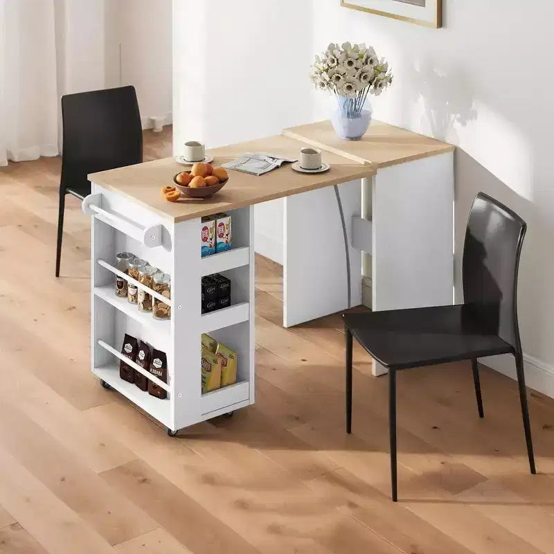 EROMMY Foldable Kitchen Island Unit, Collapsible Table with Castors, Multifunctional Storage Computer Desk, Kitchen Table with Storage