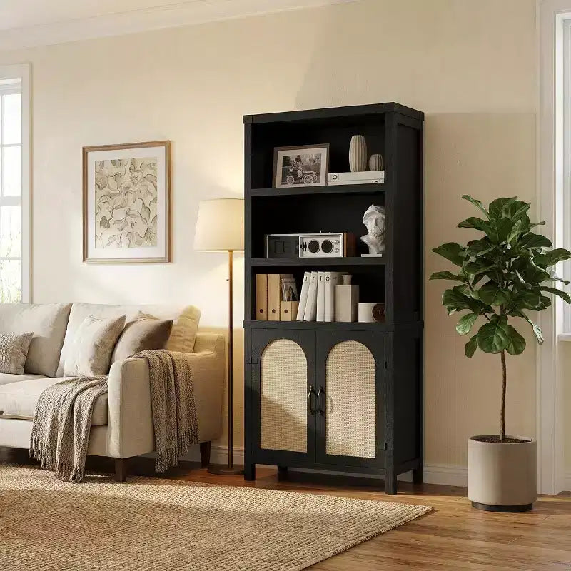 Farmhouse Bookshelves and Bookshelves with Door, 70 High Bookshelves with Three Levels of Open Storage, Floor Standing Display Shelves