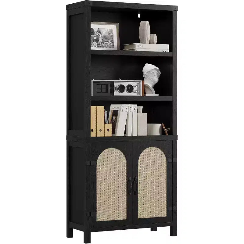 Farmhouse Bookshelves and Bookshelves with Door, 70 High Bookshelves with Three Levels of Open Storage, Floor Standing Display Shelves