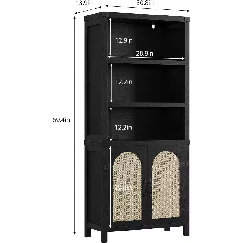 Farmhouse Bookshelves and Bookshelves with Door, 70 High Bookshelves with Three Levels of Open Storage, Floor Standing Display Shelves