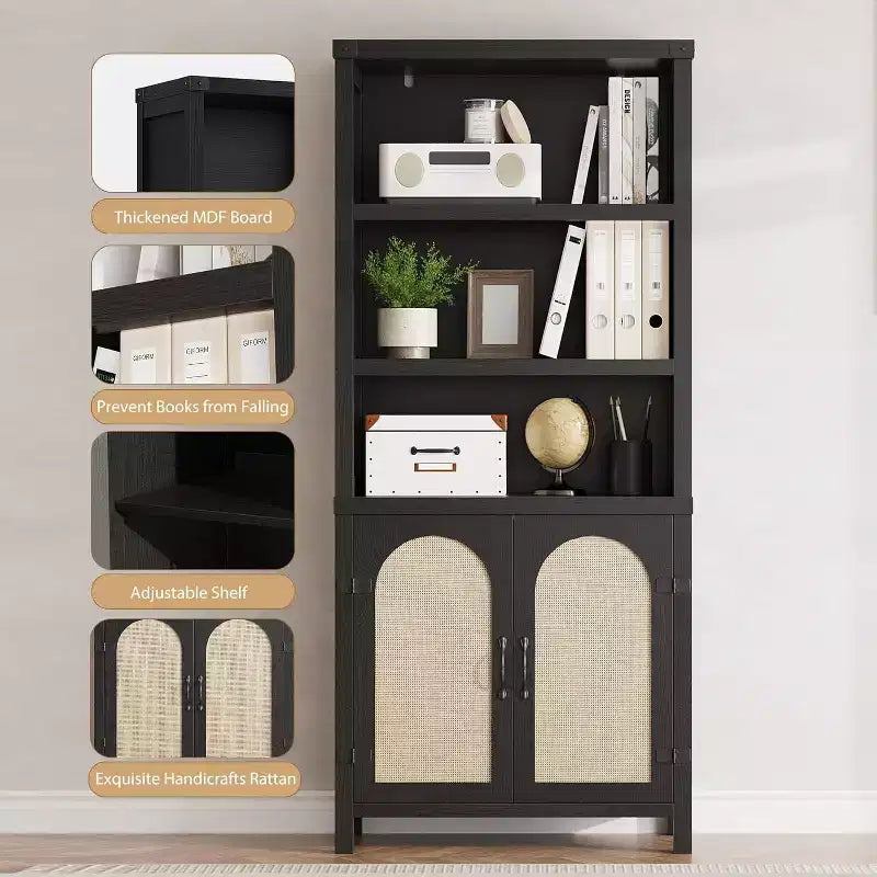 Farmhouse Bookshelves and Bookshelves with Door, 70 High Bookshelves with Three Levels of Open Storage, Floor Standing Display Shelves