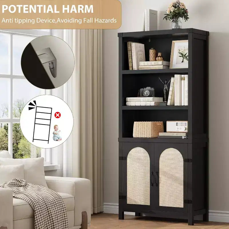 Farmhouse Bookshelves and Bookshelves with Door, 70 High Bookshelves with Three Levels of Open Storage, Floor Standing Display Shelves