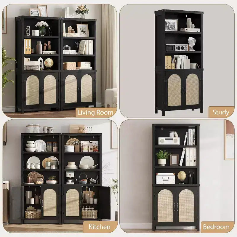 Farmhouse Bookshelves and Bookshelves with Door, 70 High Bookshelves with Three Levels of Open Storage, Floor Standing Display Shelves
