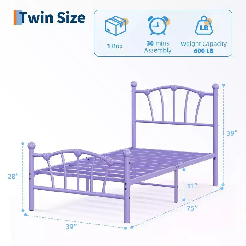 Twin Bed Frame for Kids, Twin Size Bed with Headboard and Footboard, Heart Shaped Platform Bed Frame, Heavy Metal Slat Support, Noiseless