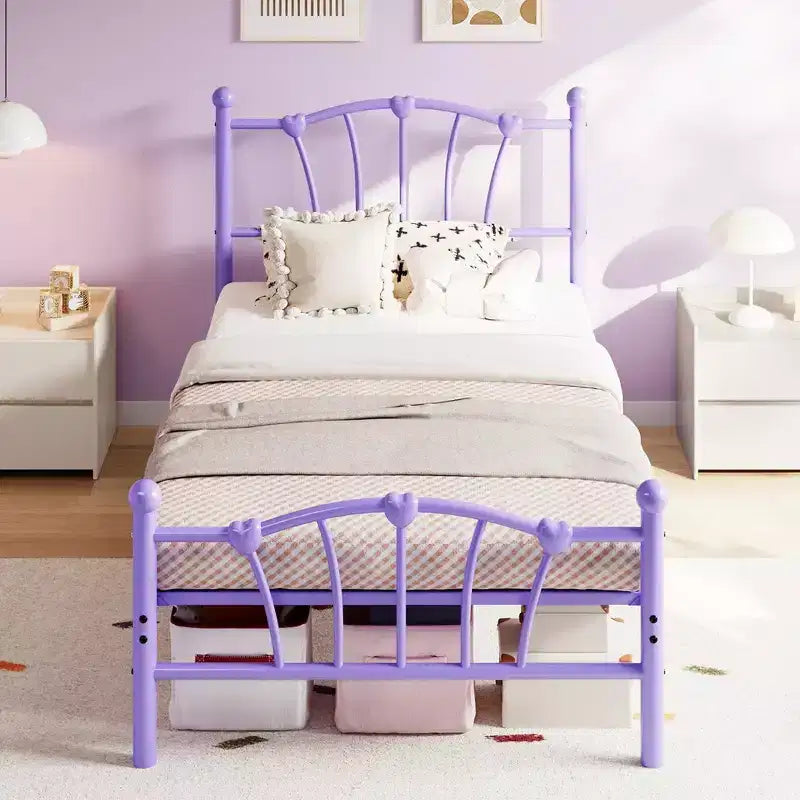 Twin Bed Frame for Kids, Twin Size Bed with Headboard and Footboard, Heart Shaped Platform Bed Frame, Heavy Metal Slat Support, Noiseless